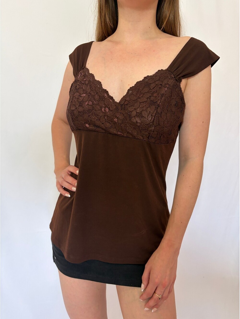 Dark Brown Cap Sleeve Lace Y2k Milkmaid Top